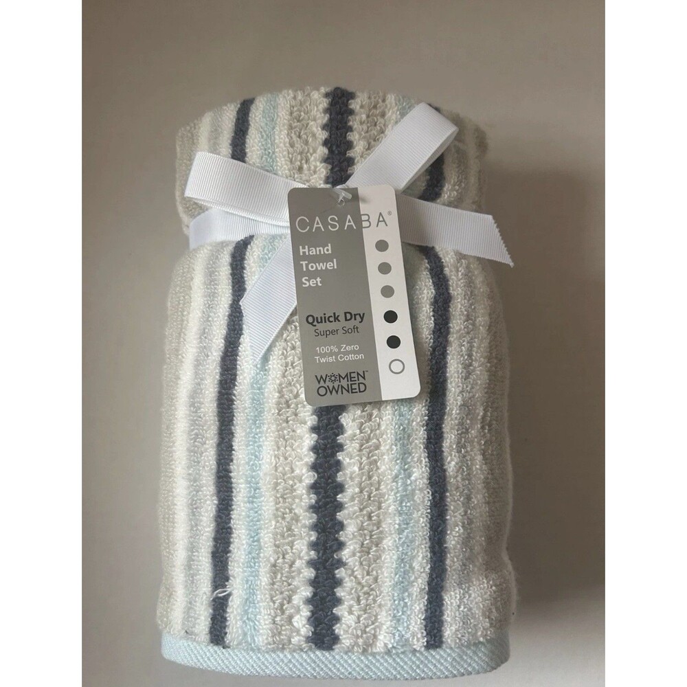 Casaba Hand Towel Set Blue, White, and Gray Stripe